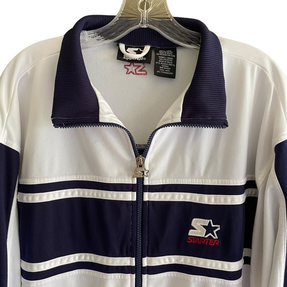 STARTER Men's Size L Jacket Athletic Zip Front White Navy Blue 100% Polyester - Picture 2 of 13